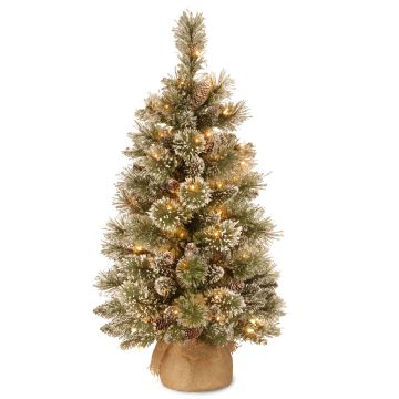 Faux sapin de Noël RIGA, sac en jute, pommes de pin, blanc, LEDs, 90cm, Ø50cm