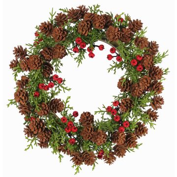 Couronne de cyprès artificielle TAVIL, pommes de pin, baies, vert-brun, Ø25cm