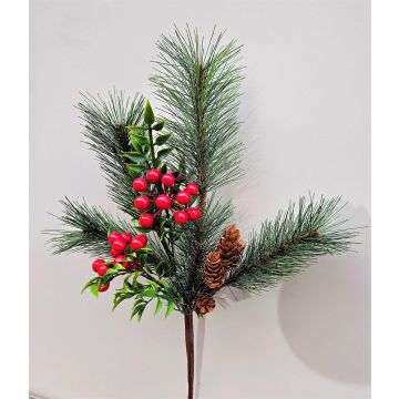 Branche décorative FREDEGONDA, pin, baies du sorbier, pommes de pin, rouge-vert, 65cm