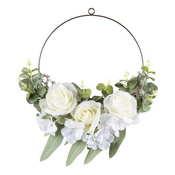 Anneau de fleurs artificielles de rose, d'hortensia et d'eucalyptus TREMO, blanc, Ø50cm