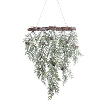 Couronne de plafond artificielle de cyprès DINSA avec des pommes de pin, givré, vert-blanc, 55cm
