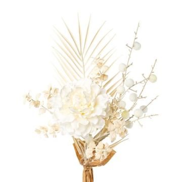 Bouquet de pivoines décoratives AYMA avec euphorbe ballon, feuille de palmier, crème, 60cm