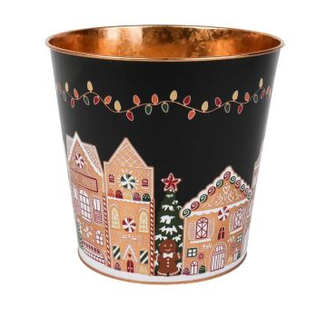 Pot en zinc MAVETA à motif Maison en pain d’épices, noir-cuivre, 18cm, Ø20,5cm
