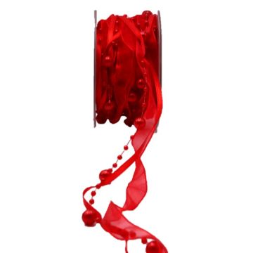 Ruban décoratif guirlande de perles CARESA en mousseline et satin, rouge, 5m, 20mm Ruban décoratif guirlande de perles CARESA en mousseline et satin, rouge, 5m, 20mm