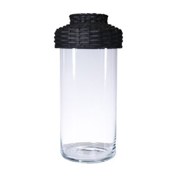 Vase décoratif en verre JINTANA avec capuchon en rotin ou pied, transparent-noir, 45cm, Ø18,5cm