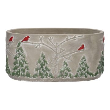 Bac à plantes ovale MILKE en béton, motif d'oiseaux hivernal, gris-rouge-vert, 20,5x11,8x10cm