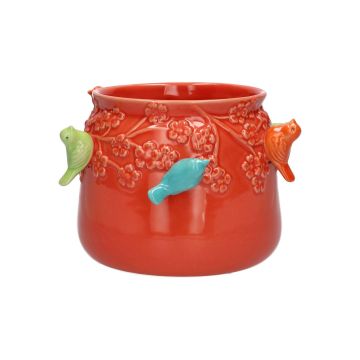 Cache-pot BIRDIE en céramique, avec des oiseaux en 3D, rouge-bleu-vert-orange, 11cm, Ø13,5cm