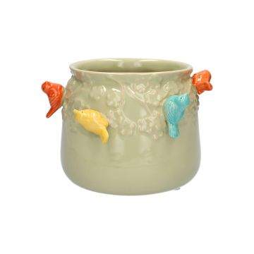 Cache-pot BIRDIE en céramique, avec des oiseaux en 3D, vert-orange-jaune-bleu, 11cm, Ø13,5cm