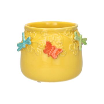 Cache-pot KIMANA en céramique, papillons libellules en 3D, jaune-orange-bleu-vert, 11cm, Ø13,5cm