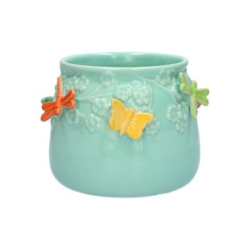 Cache-pot KIMANA en céramique, papillons libellules en 3D, bleu-orange-jaune-vert, 11cm, Ø13,5cm