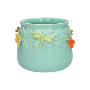 Cache-pot KIMANA en céramique, papillons libellules en 3D, bleu-jaune-vert-orange, 12,5cm, Ø15,5cm