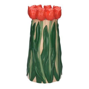 Vase à fleurs LIMEA en dolomite, tulipes en 3D, beige-rouge-vert, 24,5cm, Ø12,5cm Vase à fleurs LIMEA en dolomite, tulipes en 3D, beige-rouge-vert, 24,5cm, Ø12,5cm