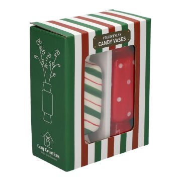 Vase soliflore carré en forme de bonbon AMIEL en céramique, 2 pièces, vert-rouge-blanc, 4,5x4,5x11,5cm