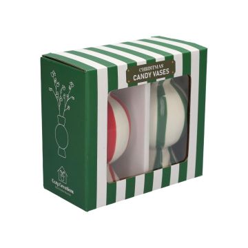 Vase soliflore bombé en forme de bonbon AMIEL en céramique, 2 pièces, vert-rouge-blanc, 11,5cm, Ø6cm