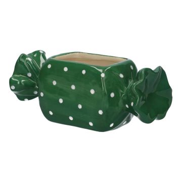 Pot à plantes en forme de bonbon AMIEL en céramique, à pois, vert-blanc, 20,5x8,5x8cm
