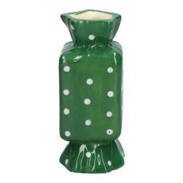 Vase soliflore carré en forme de bonbon AMIEL en céramique, à pois, vert-blanc, 6,5x6,5x15cm