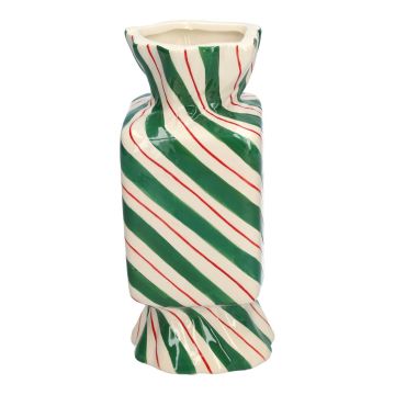 Vase soliflore carré en forme de bonbon AMIEL en céramique, avec des lignes obliques, vert-rouge-blanc, 9x9x20cm