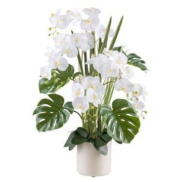 Composition florale artificielle d'orchidée et de philodendron CASTOL, sansevieria Mikado, pot décoratif, blanc, 110cm