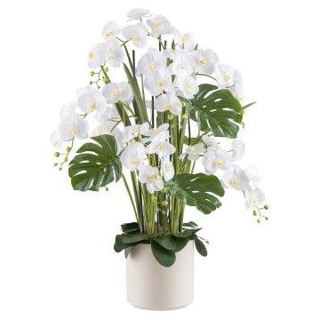 Composition florale artificielle d'orchidée et de philodendron CASTOL, sansevieria Mikado, pot décoratif, blanc, 120cm