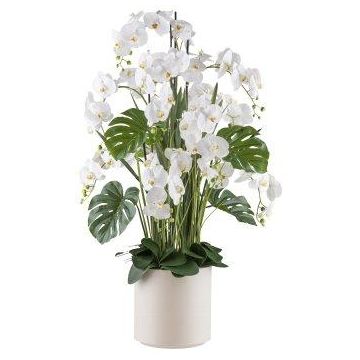 Composition florale artificielle d'orchidée et de philodendron CASTOL, sansevieria Mikado, pot décoratif, blanc, 140cm