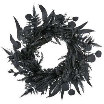Couronne artificielle d'eucalyptus et de fougère WELTO, pin, pommes de pin, noir, Ø60cm Couronne artificielle d'eucalyptus et de fougère WELTO, pin, pommes de pin, noir, Ø60cm