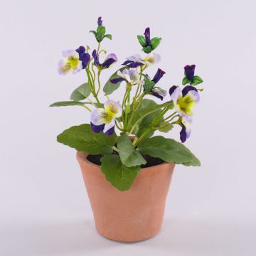 Fleur artificielle décorative « Pensée BAHNY » dans un pot en terre cuite, violet-blanc, 17 cm