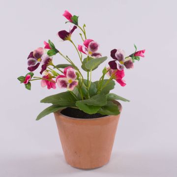 Fleur artificielle décorative « Pensée BAHNY » dans un pot en terre cuite, rose-blanc, 17 cm