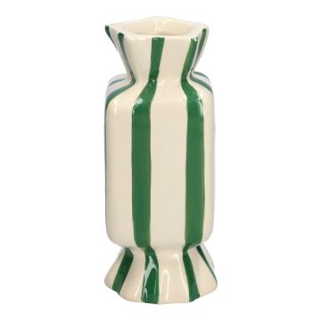 Vase soliflore carré en forme de bonbon AMIEL en céramique, avec des rayures verticales, vert-blanc, 9x9x20cm