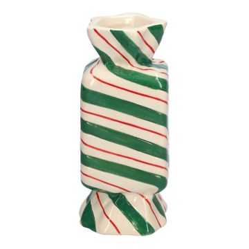 Vase soliflore carré en forme de bonbon AMIEL en céramique, avec des lignes obliques, vert-rouge-blanc, 10x10x25cm