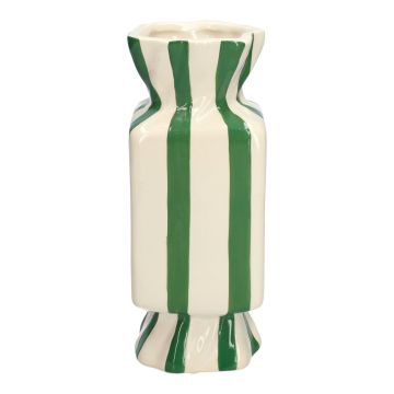 Vase soliflore carré en forme de bonbon AMIEL en céramique, avec des rayures verticales, vert-blanc, 10x10x25cm