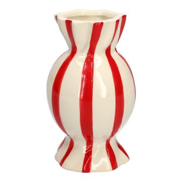 Vase soliflore bombé en forme de bonbon AMIEL en céramique, avec des rayures verticales, rouge-blanc, 15cm, Ø8,5cm