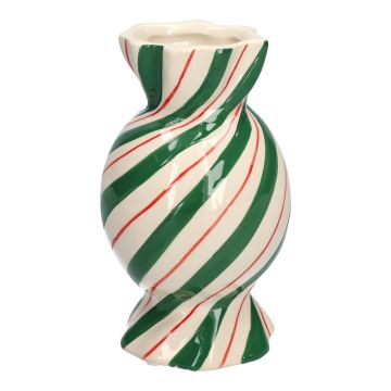 Vase soliflore bombé en forme de bonbon AMIEL en céramique, avec des lignes obliques, vert-blanc-rouge, 15cm, Ø8,5cm