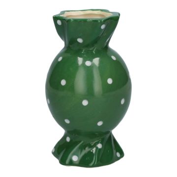 Vase soliflore bombé en forme de bonbon AMIEL en céramique, à pois, vert-blanc, 15cm, Ø8,5cm