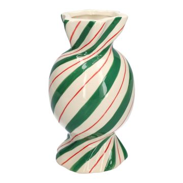 Vase soliflore bombé en forme de bonbon AMIEL en céramique, avec des lignes obliques, vert-rouge-blanc, 20cm, Ø11,5cm Vase soliflore bombé en forme de bonbon AMIEL en céramique, avec des lignes obliques, vert-rouge-blanc, 20cm, Ø11,5cm