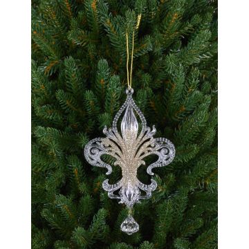 Pendentif acrylique Lys héraldique AZARIEL, paillettes, transparent-or, 15cm