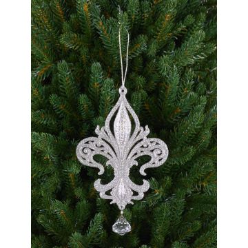 Pendentif acrylique, Feur de lys AZARIEL, paillettes, argent, 15cm