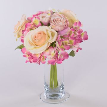 Bouquet de fleurs artificielles FOUDILA, roses, hortensias, crème-rose, 25cm