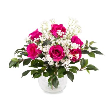 Bouquet de roses en soie ELLI, gypsophile, rose fuchsia, 35cm, Ø30cm Bouquet de roses en soie ELLI, gypsophile, rose fuchsia, 35cm, Ø30cm