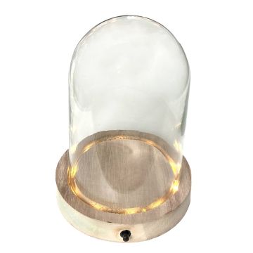 Dôme en verre BENIGNA avec LEDs, fond en bois, transparent, 13,5cm, Ø12cm
