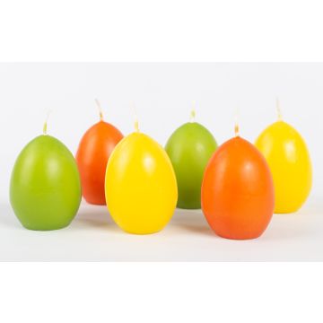 Bougies en forme d'œuf de Pâques LEONITA, lot de 6, jaune-orange-vert, 6 cm, 4,5 cm, 7 h - Fabriquées en Allemagne Bougies en forme d'œuf de Pâques LEONITA, lot de 6, jaune-orange-vert, 6 cm, 4,5 cm, 7 h - Fabriquées en Allemagne