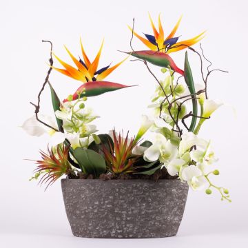 Arrangement de fleurs artificielles exotiques LOVARA, strelitzia, orchidée, calla, orange-blanc-vert, 55x30x60cm Arrangement de fleurs artificielles exotiques LOVARA, strelitzia, orchidée, calla, orange-blanc-vert, 55x30x60cm