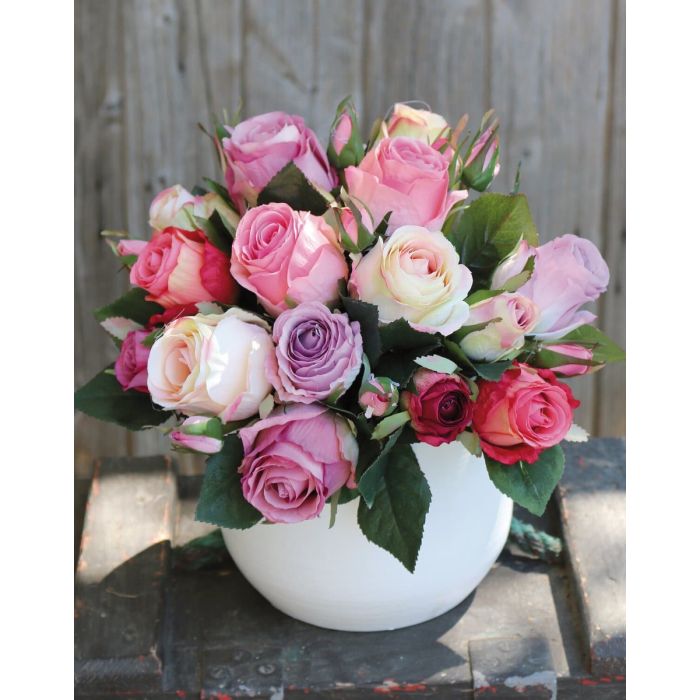 Acheter des Grand bouquet artificiel de roses MOLLY, 15 roses, 9 boutons,  crème-vieux rose-fuchsia, 28cm, Ø25cm - artplants Bouquets artificiels
