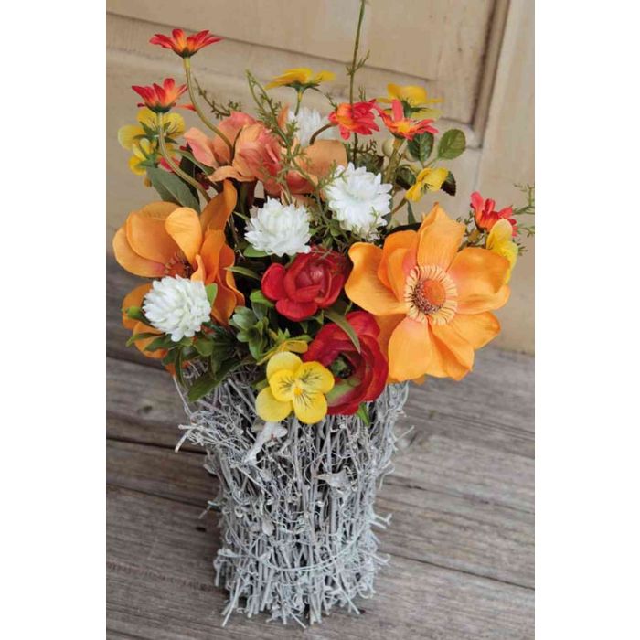 Arrangement Florale Artificiel Cheyenne - Anémones Et Pensées En Pot Rotin, Blanc, 40cm - 12