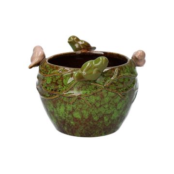 Pot à plantes rond SARINO en céramique, avec des oiseaux en 3D, vert-brun-beige, 10,5cm, Ø14cm