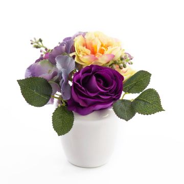 Arrangement de roses et hortensias artificiel FELINE, lilas, 17cm, Ø18cm