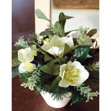 Arrangement artificiel de gui et roses de Noël DANITA, pot en argile, blanc-vert, 20cm