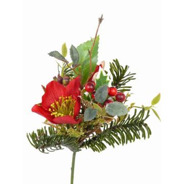 Bouquet d'hiver artificiel LILLY, hellébore, baies, rouge, 17cm, Ø12cm
