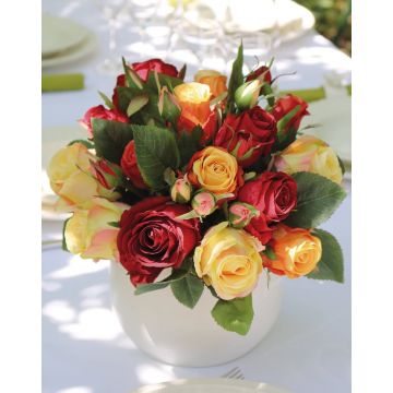 Grand bouquet de roses MOLLY, 15 roses, 9 boutons, rouge-orange-jaune 30cm, Ø25cm