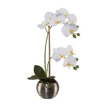 Fleur artificielle Orchidée Phalaenopsis ZARFU, pot décoratif argenté, racines, blanc, 40cm