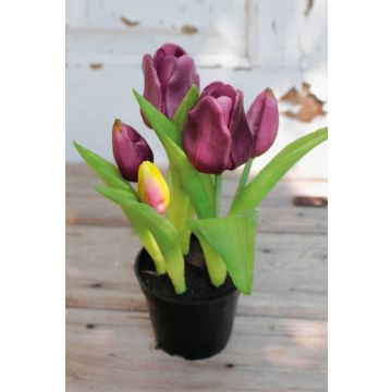 Tulipe en tissu CAITLYN en pot décoratif, violet-vert, 25cm, Ø2-6cm